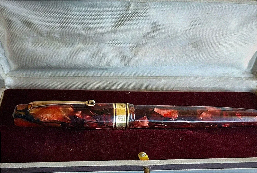 Rare Omas Extra Oversized 1930s Marbled Celluloid Red Fountain Pen