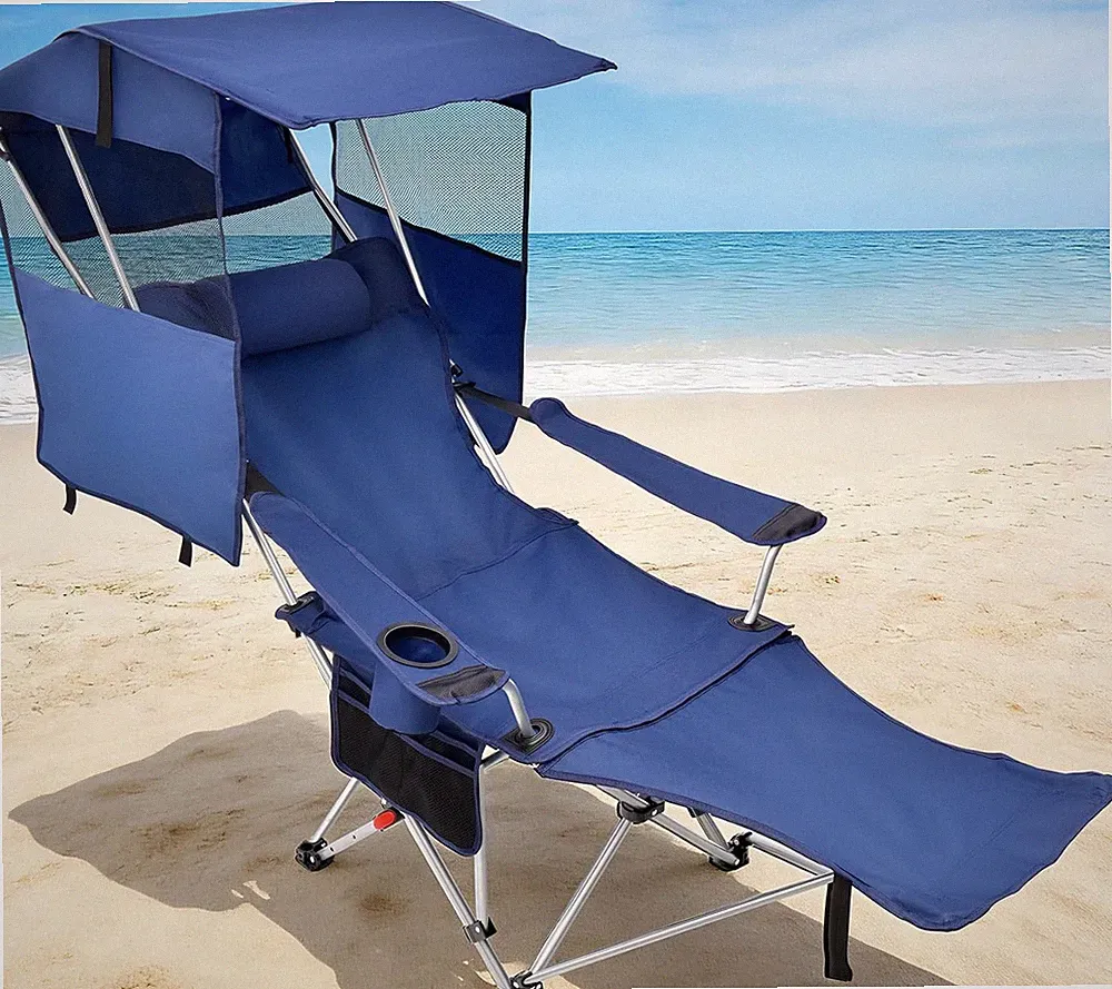Reclining Camping Chair with Canopy & Foot Rest | 4-Position Folding Beach Chair