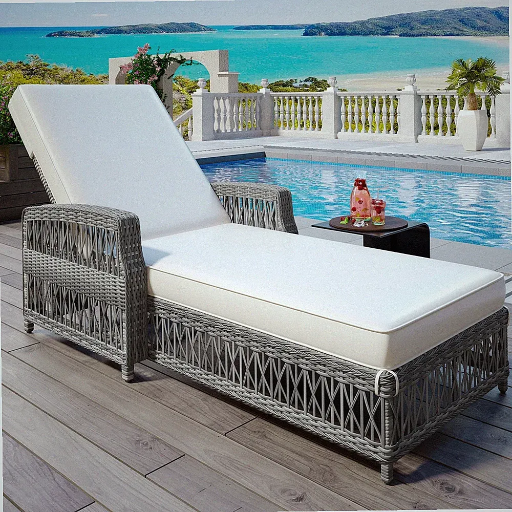 Reclining Chaise, Wicker Armrests Adjustable Recliner Soft Removable Cushions
