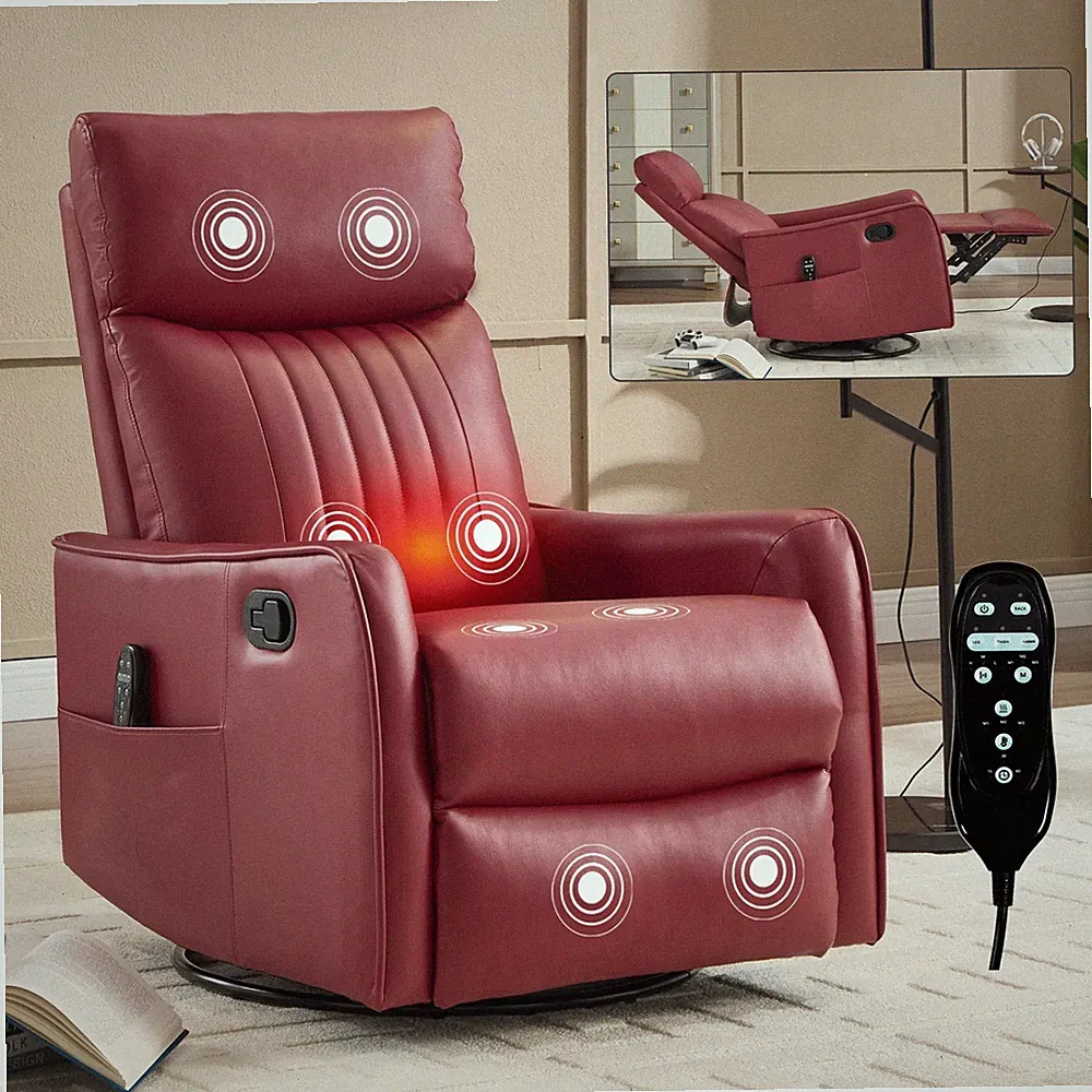 Red Faux Leather Massage Recliner Chair w/ Heat, Manual Recline, Rocker & Swivel