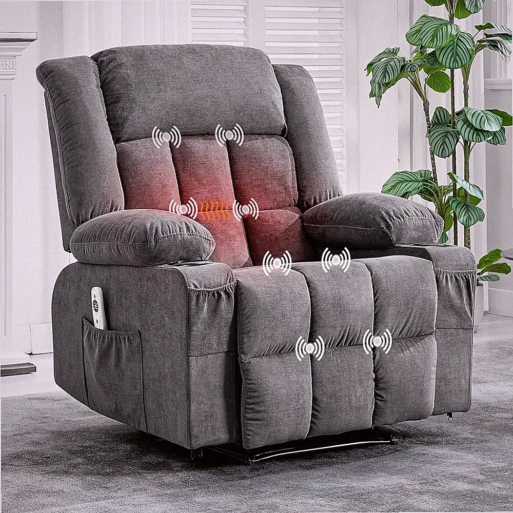Rocking Recliner Chair with Heat & Massage, Oversized Padded Sofa w/ Cup Holders