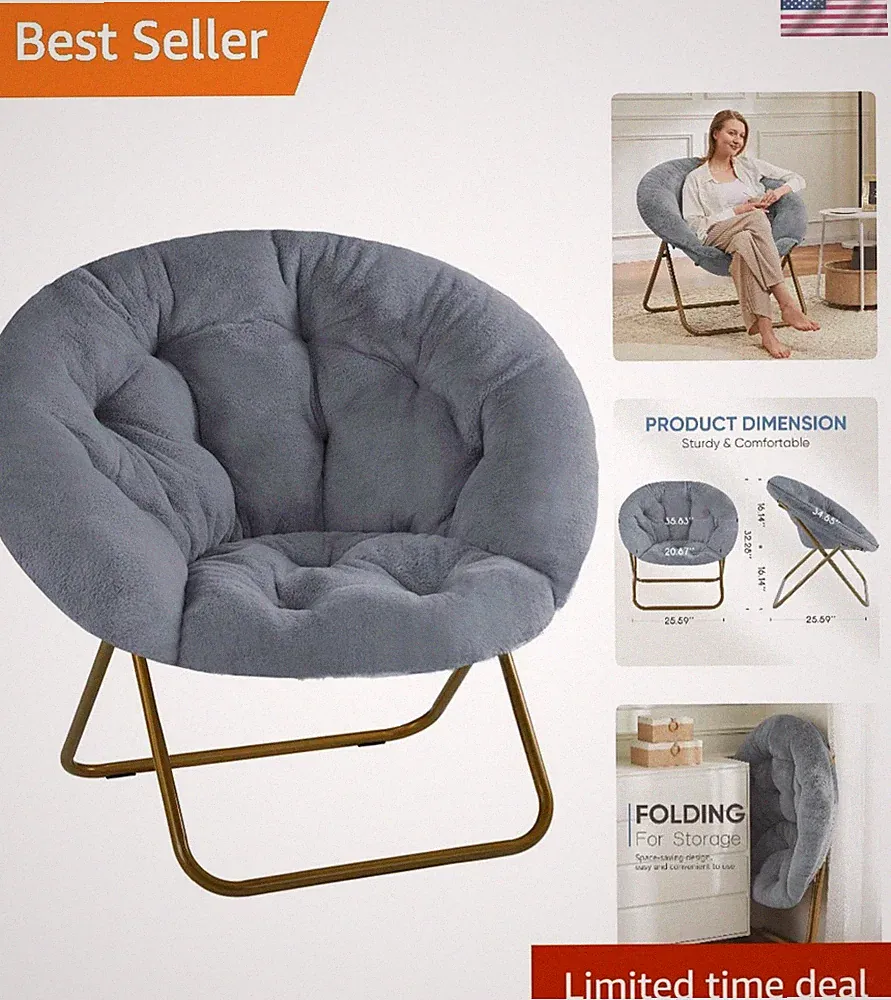 Round Faux Fur Lounge Chair Comfy Floor Seat Foldable Small Space Bedroom Dorm
