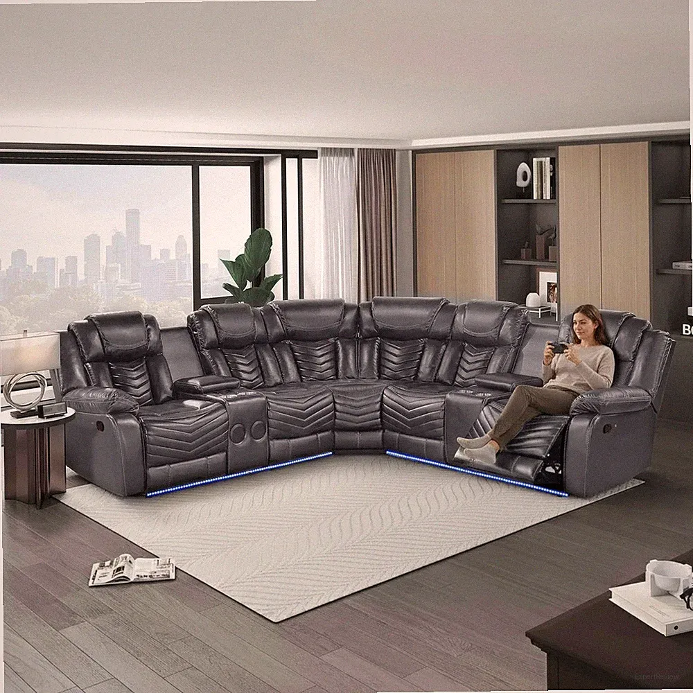 SALE LED Contemporary 2-Recliner Sectional Gray Leather with Bluetooth Speaker