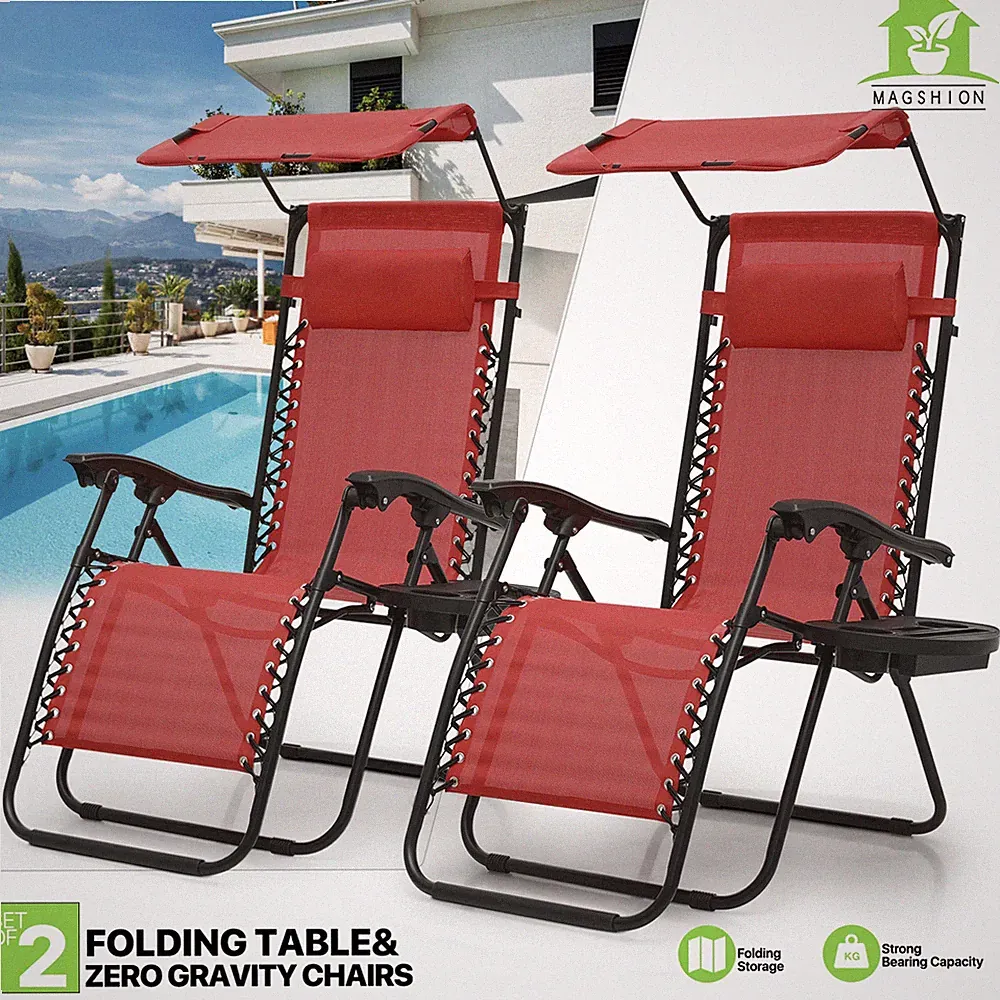 Set of 2 Folding Patio Zero Gravity Chair Canopy Sunshade Beach Lounge Recliner