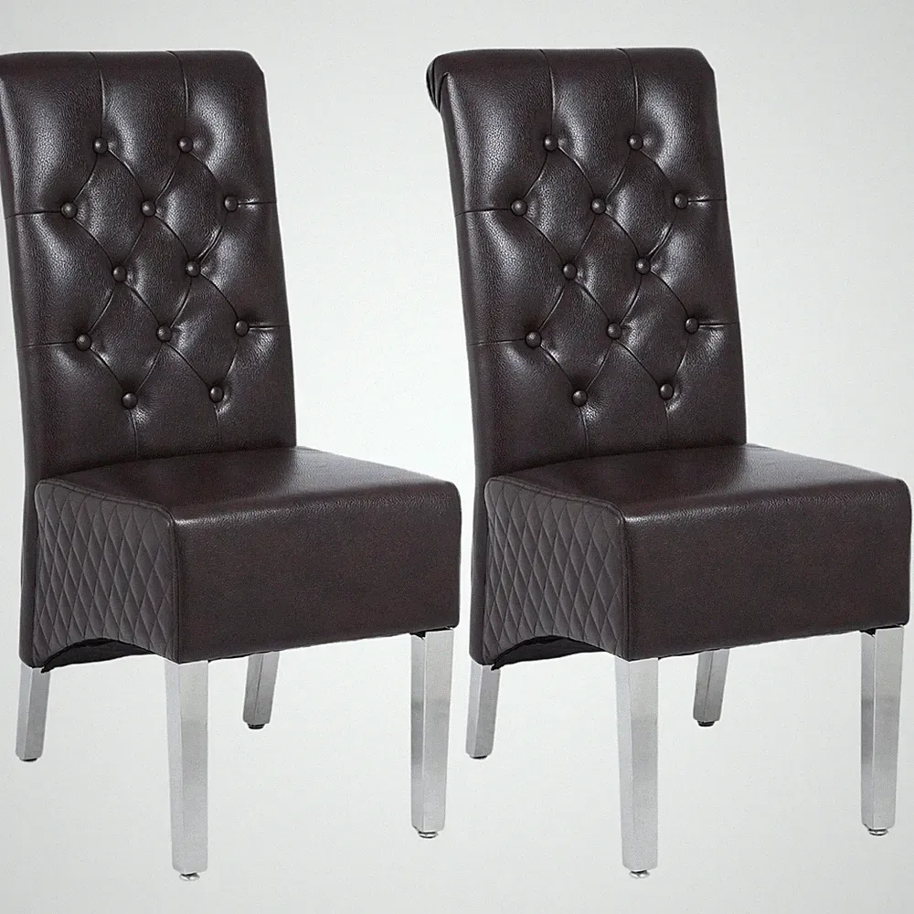Set of 2 Leather Dining Chairs Tufted High Back Chrome Knocker Feet Floor Adjust