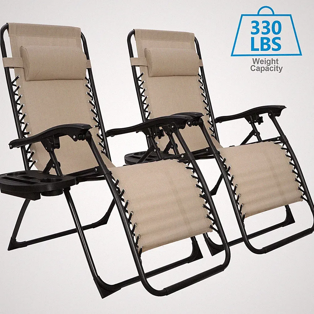 Set of 2 Zero Gravity Chairs Folding Lawn Chair Lounge Recliners with Cup Holder