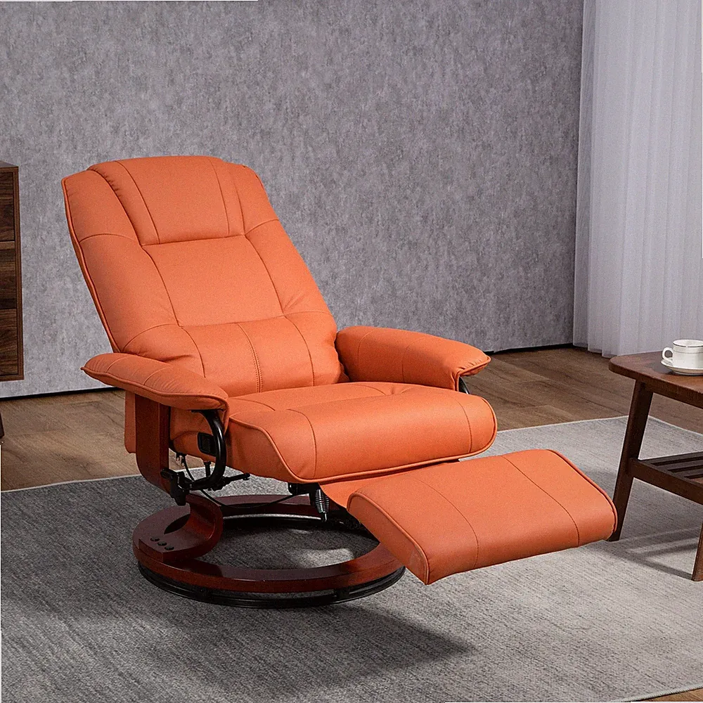 Swivel Recliner Chair PU Leather Armchair w/ Footrest Adjustable Back Wood Base