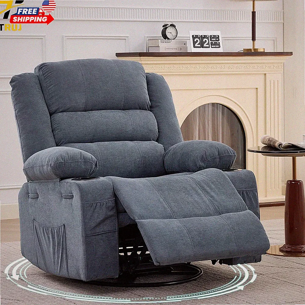 Swivel Rocker Recliner Chair for Adults 360° Rocking Manual Glider Sofa with 2 C