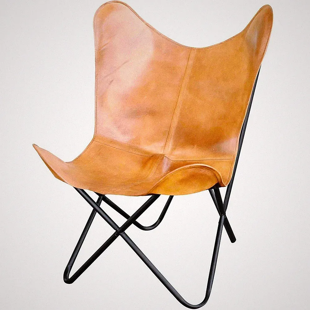 Tan Leather Butterfly Relax Lounge Chair Metal Frame Rustic Accent Seating Plw