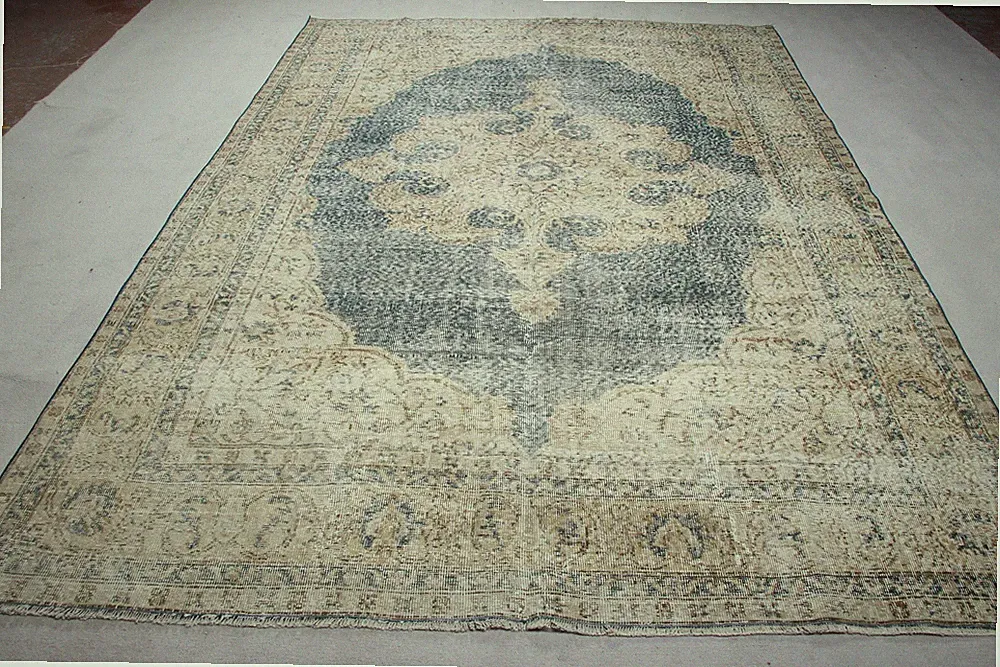 Turkish Vintage Rug 7,2x10,2 ft, Blue Oversize Ombré Wool Rug