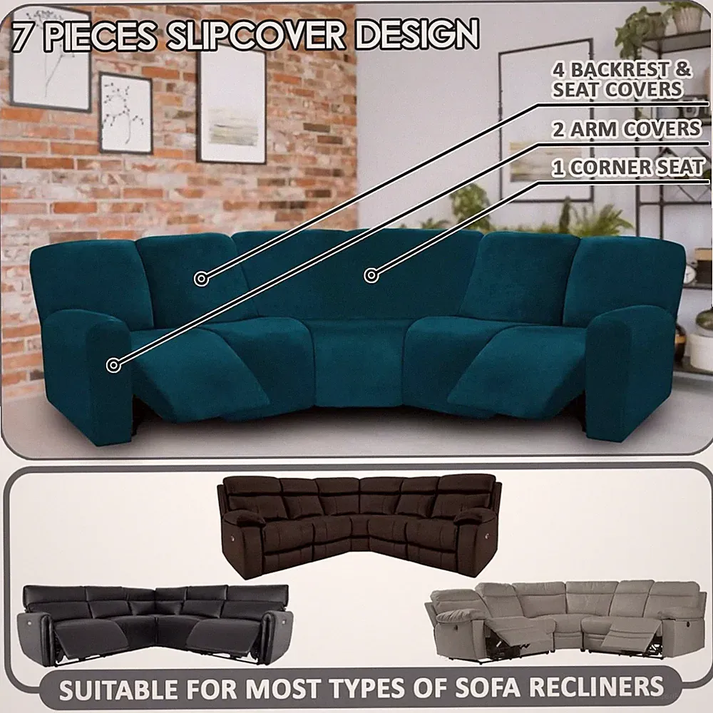 Velvet L-Shaped Recliner Sofa Cover - Deep Teal