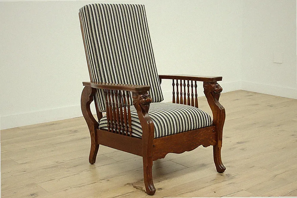 Victorian Antique Oak Recliner Morris Chair Lions New Fabric #54152