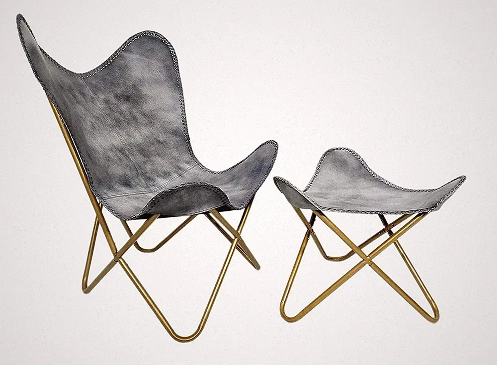 Vintage Grey Leather Butterfly Chair and Footstool - Industrial Folding Lounge