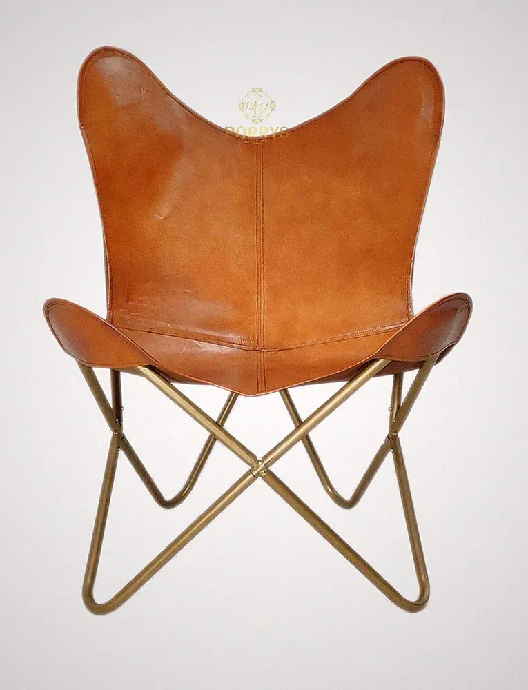 Vintage Tan Real Leather Butterfly Lounge Chair Living Room Golden Metal Base