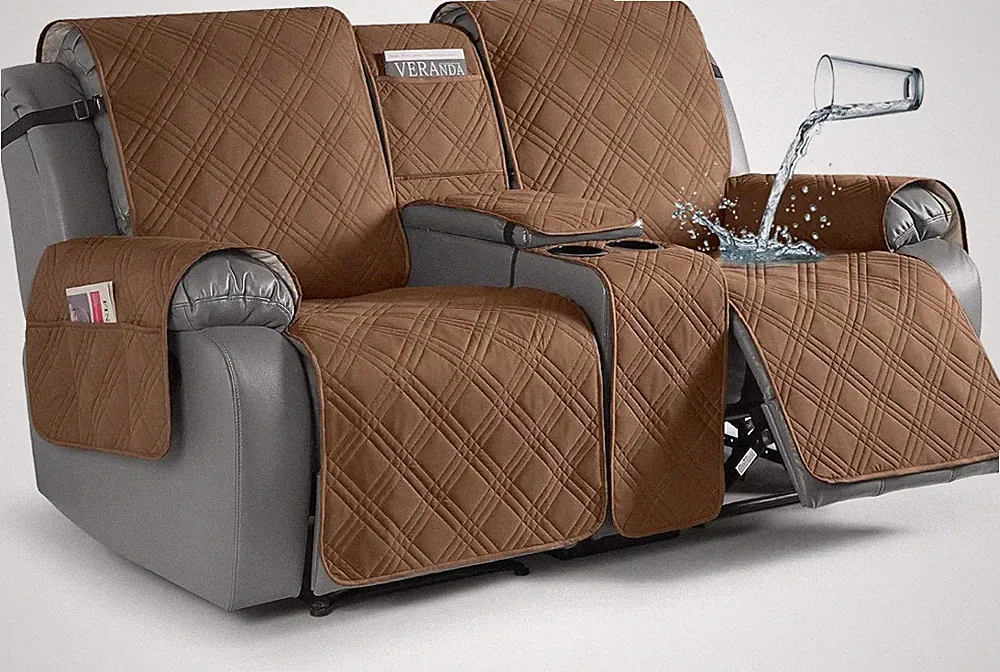 Waterproof Loveseat Recliner Cover with Console, Pet & Kids Protector, Brown