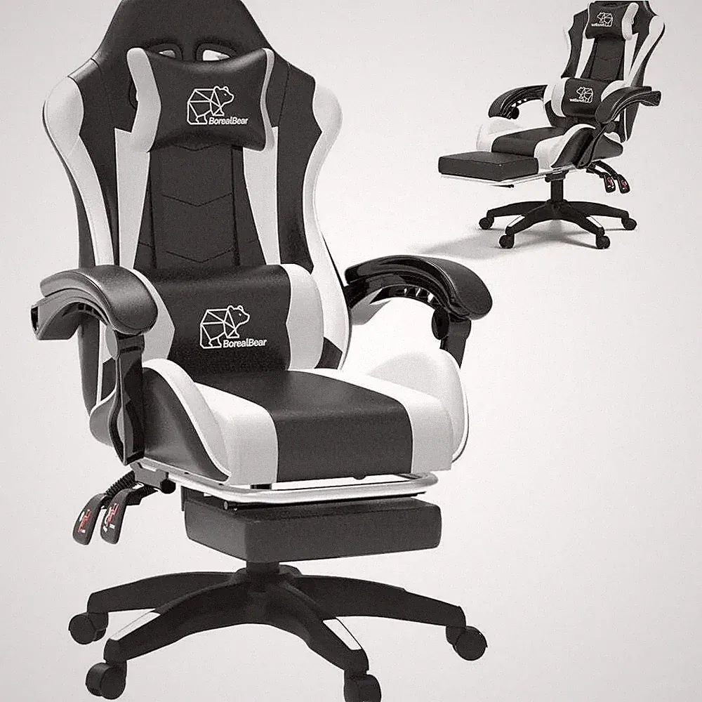 White Black Gaming Chair with Footrest – Ergonomic Reclining Office Chair with L