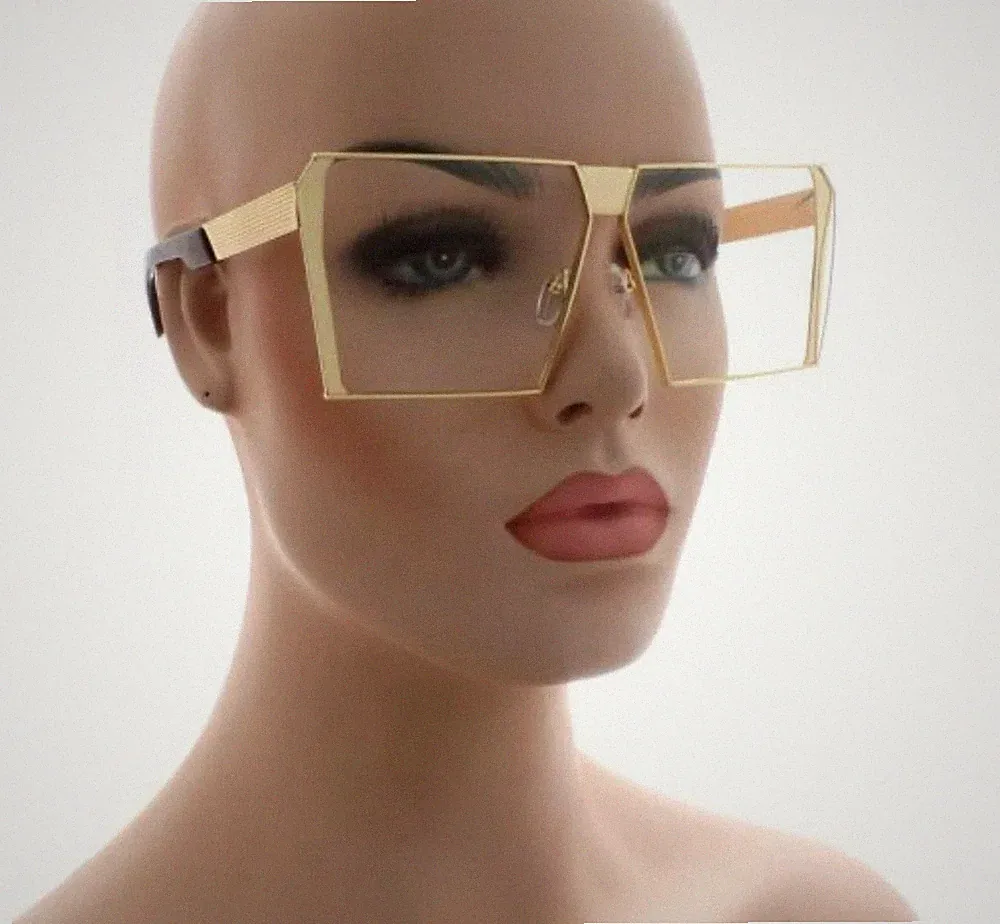 Women’s Oversized Gold Square Frame Clear Lens Fashion Sunglasses