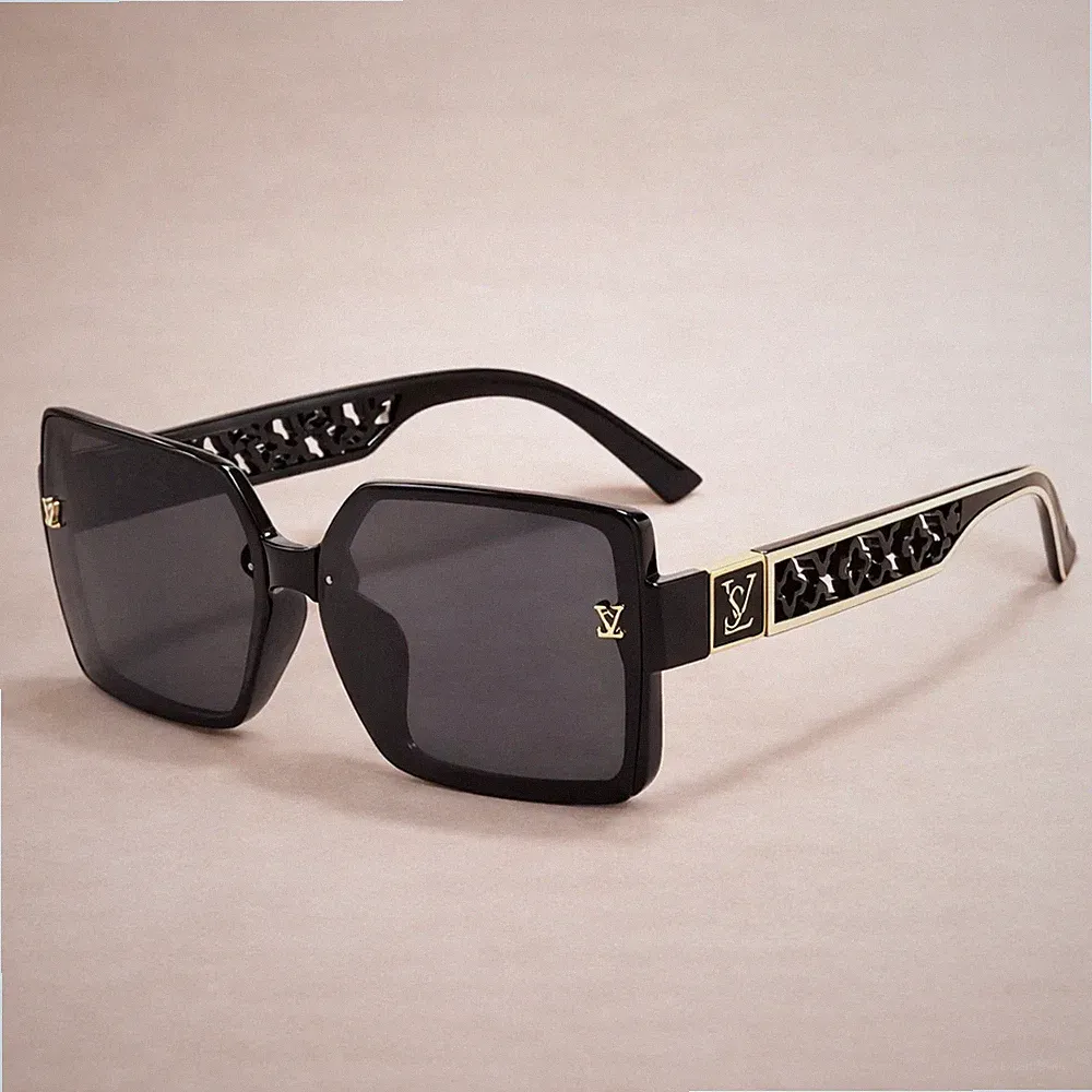 Women’s Oversized Square Sunglasses Black Thick Frame Gold Detail Designer Style
